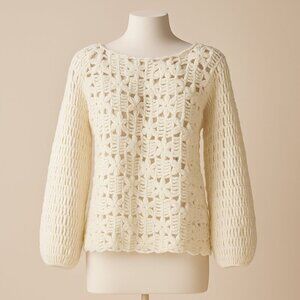 Crochet Sweater White Luxe Floral Pullover Elegant Boho Chic Knit Top Size M